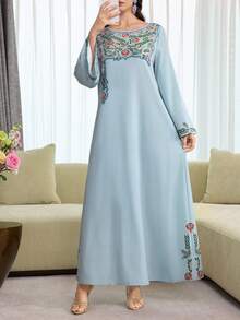 Al Najma Digital Print Elegant Loose Blue Everyday Turkish Maxi Dress & Arabic Traditional Abaya - Blue - View 7