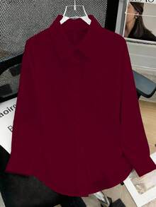 GlowEve CURVE Plus Size Women's Solid Color Backless Twist Design Casual Versatile Daily Wear Long Sleeve Shirt - Burgundy - View 2