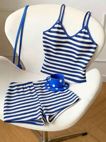 Resyla Women Striped Camisole And Shorts 2 Pieces Set - Blue and White - View 4