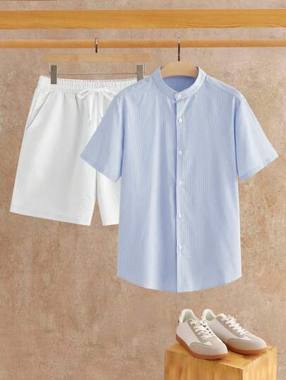 HIMLAND Camisa de manga corta con cuello mao a rayas y pantalones cortos de hombre, conjunto casual diario