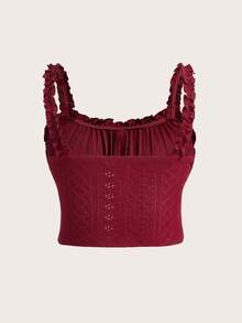SHEIN EZwear Áo hai dây cỡ lớn màu đỏ rượu vang lãng mạn, chất liệu voan mỏng, có bèo nhún ở gấu, thời trang và đa năng, phù hợp cho kỳ nghỉ xuân/hè. - Màu Đỏ Sâu - Xem 2