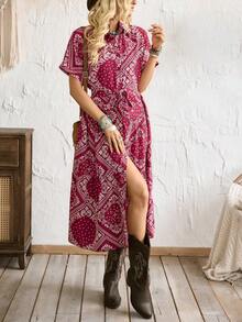 Breezaya Fashionable Daily Casual Versatile Style Loose-Fit Shirt With Collar Short Sleeves Peris Print Dress Women's Beach Vacation Outfit Beach Dress Women's Vacation Outfit Dress Women's Spring And Summer Red Dress Women's Casual Dress - Red - View 3