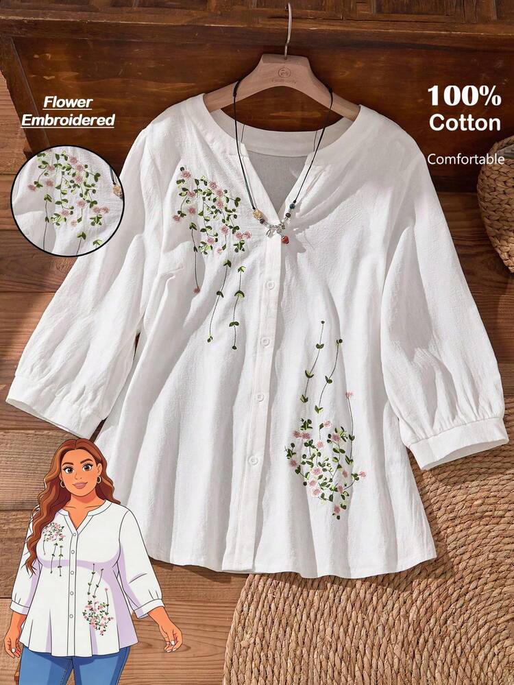 Plus Size Women's Summer Casual Vacation Country White Floral Embroidered Lantern Sleeve 3/4 Sleeve Blouse Shirt Top, Early Spring, Spring Breaks , Vacations Women , Holidays For Women, Spring Women, Going Outs, 2026 New , Simple And Fashionable For Everyday Wear, Summer Top Plus Size, White Boho Top, Comfortable And Breathable, For Women
