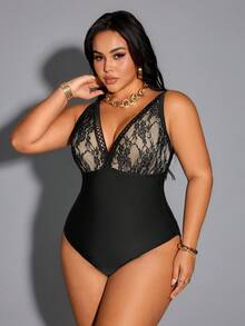 Shapewave 2026 New Summer Beach Lace & Mesh Patchwork Adjustable Drawstring Plus Size One-Piece Swimsuit - Black - View 3