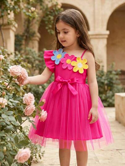 Young Girl Sweet Floral Decor Asymmetrical Neck Cap Sleeve Dress With Belt, Pink, Suitable For Birthday Party, Gathering, Daily Wear Tulle Dress For Girls Cute Dresses For Girls