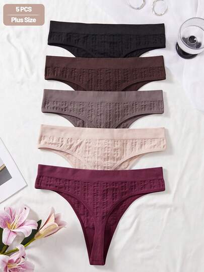 SHEIN 5pcs Women Plus Size Basic Solid Seamless Comfortable Ribbed Knitted Sexy Thong Panties