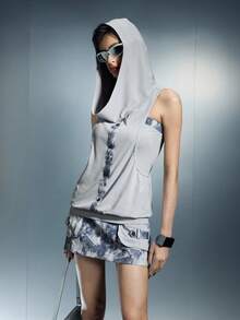 Airlisse Bộ đồ nữ mùa hè gồm áo hai dây thiết kế hai mặt phối hai màu + chân váy ngắn hai màu có túi, kiểu nhuộm tie-dye, áo không tay có mũ trùm đầu phong cách Y2K mùa hè. - Xám - Xem 7