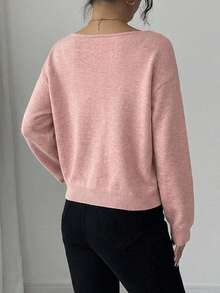 SHEIN Cottnline 女士休闲纯色船领落肩毛衣，秋冬季 - 藕粉色 - 查看 2