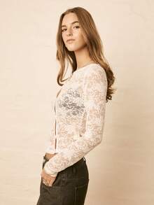 Aralina 船领蕾丝上衣，不对称纽扣设计 - 白色 - 查看 3