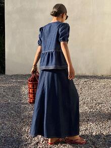 Livesso Spring/Summer Romantic Loose Casual Vacation Style Blue Shirt And Loose Denim Skirt Women's 2-Piece Set - Blue - View 5