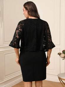 EMERY ROSE 2pcs Set Plus Size Women's Black Summer Elegant Floral Lace Jacket And Dress Set, Formal Evening Wedding Party Outfits, Casual Vacation 2 Pieces Set - Black - View 5
