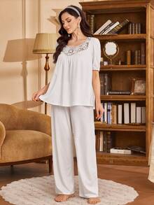 PalaceNights Palace Style Women's White Embroidered Hollow Collar Puff Sleeve Blouse, Lace Patchwork Backless Design, Loose Fit, Suitable For Daily Wear - White - View 4