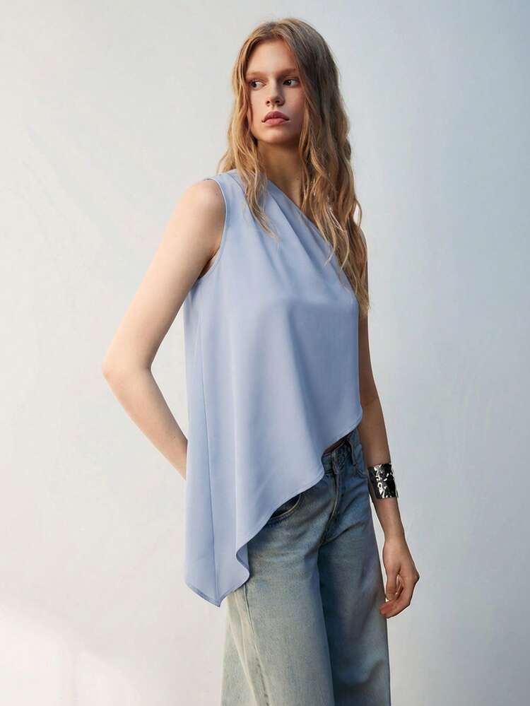 SHEIN Maija Women's Asymmetrical Cut Solid Blue Color Pleated Sleeveless Casual Top, Business Casual Office Shoulder-Revealing Top St Patrick's Day Women Easter Summer Easter Women Party Top Beach Summer Holiday Each Vacation For Women Summer For Women Going Out Graduation Casual Top For Women