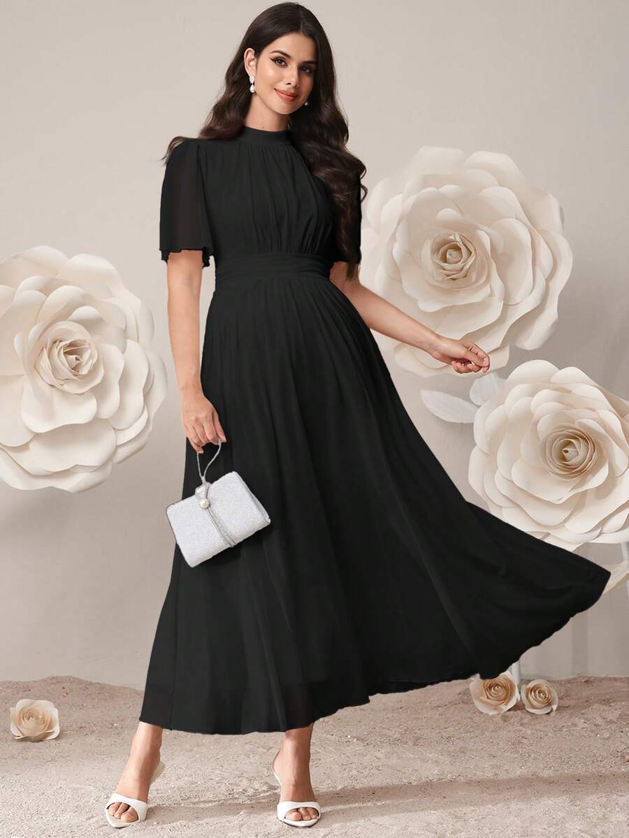 SHEIN 孕妇纯色褶皱优雅派对连衣裙 - 黑色 - 查看 1