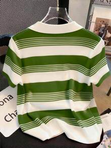 Resyla Striped Digital Print, Embroidered Minimalist Style Women's Polo Shirt, Gift For Friends - Multicolor - View 2