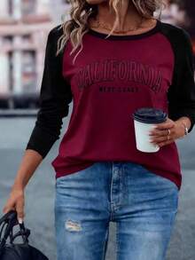 Breezaya Women Plus Size Letter Pattern Color Block Raglan Sleeve Casual T-Shirt, Autumn Graphic Tees Women Tops - Multicolor - View 1