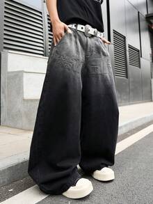 Manfinity EMRG Men's Street Fashion Casual 3D Embossed Curved Knife Black Denim Jeans - Black - View 6