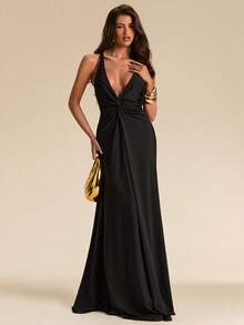 SHEIN BAE Đầm maxi nữ màu đen trơn, kiểu dáng đơn giản, hở lưng, cổ chữ V sâu, thích hợp cho tiệc tùng, kỳ nghỉ, tiệc chiêu đãi, đám cưới, đi chơi đêm, hẹn hò lãng mạn, mùa xuân/hè. - màu đen - Xem 7