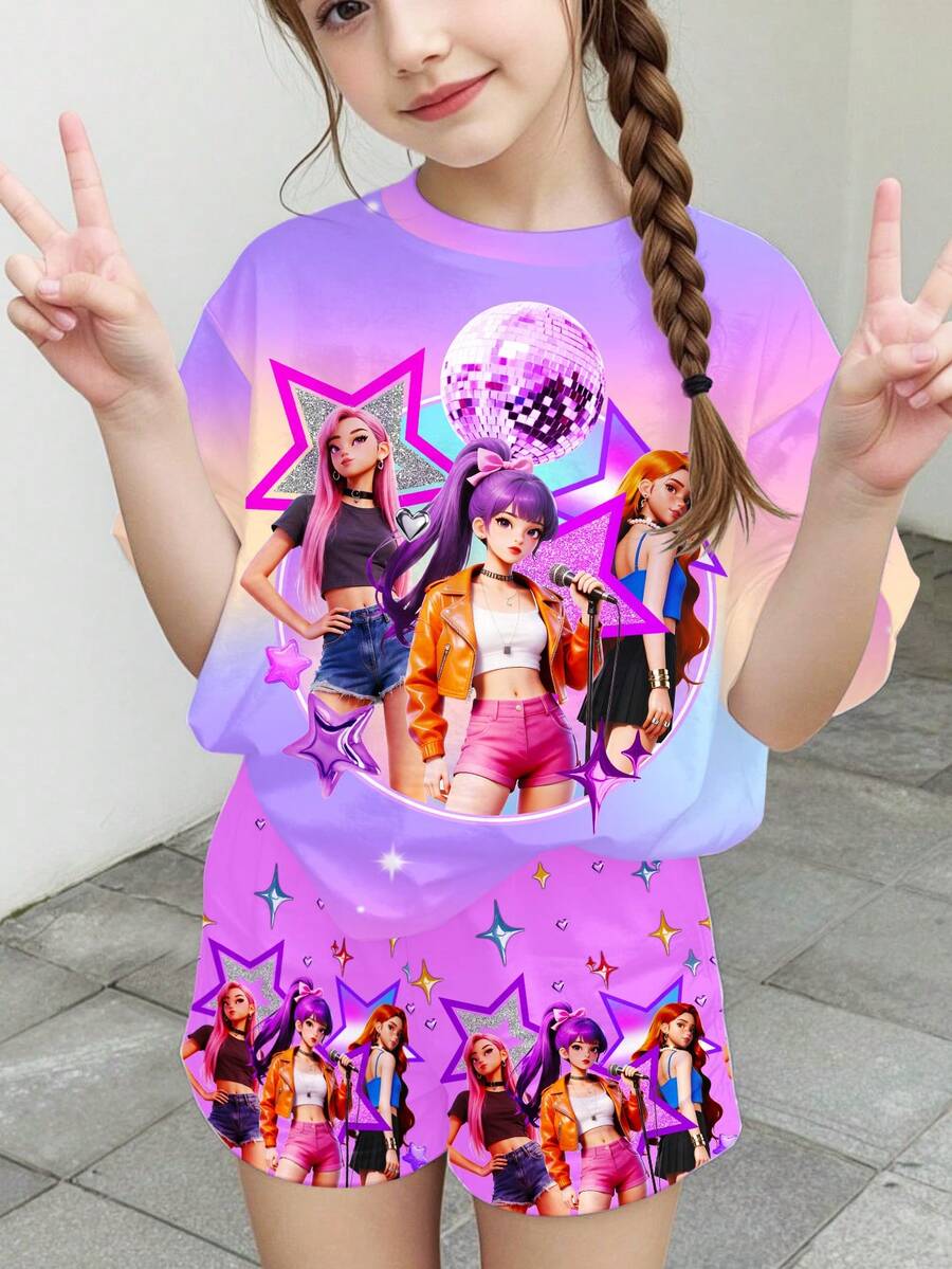 SHEIN 紫色扎染印花，星光钻石梦幻印花图案，少女休闲简约短袖T恤短裤两件套，适合夏季穿着 - 彩色 - 查看 1