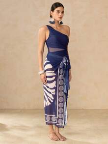 Swim Oasis Traje de baño de una pieza con pliegues de unicolor con cubierta y falda estampada para mujer, perfecto para vacaciones - Azul Marino - Ver 2