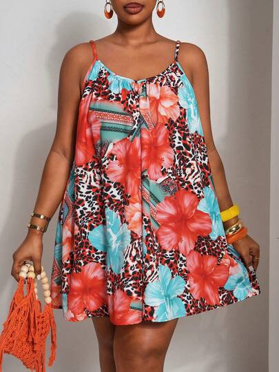 Slaydiva Bộ áo liền quần cỡ lớn họa tiết hoa và da báo