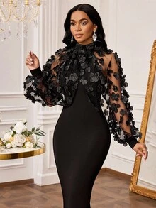 SHEIN Lady Petite Đầm đen dáng nhỏ nhắn dành cho nữ, thêu hình bướm 3D, phối ren, dài ôm sát, kiểu đuôi cá, đầm nhỏ thanh lịch dự tiệc, đầm dự đám cưới cho nữ. - màu đen - Xem 7