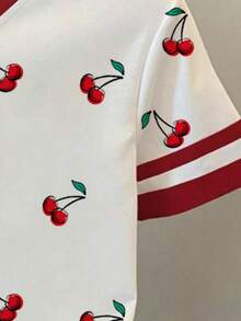 SHEIN Kaos Kasual Anak Perempuan Musim Semi & Musim Panas dengan Motif Ceri Lucu dan Warna Putih Kontras, Kaos Lengan Pendek Nyaman untuk Sekolah, Sehari-hari & Liburan - MultiWarna - View 4