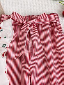 Emery Rose Kids Emery Rose Kids 两件套女童雪纺圆领樱桃印花荷叶边休闲T恤和条纹裤套装 - 紅白色 - 查看 10