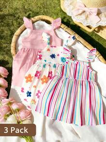 SHEIN Vintaside Kids 三件装女婴荷叶边吊带连衣裙，条纹配彩色花卉/粉色图案，甜美可爱，适合夏季玩耍和度假。 - 彩色 - 查看 1