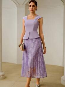 ZEYLAH Elegant Patchwork 2 In 1 Cut-Out Pleat Dress - Mauve Purple - View 6