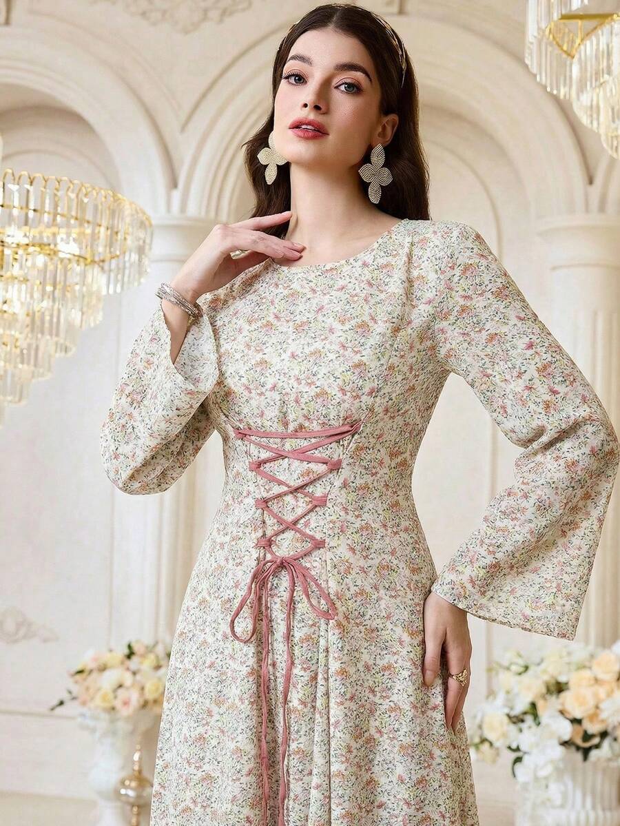 Yasmyna Women's Apricot Woven Floral Print Long Sleeve Tie-Waist A-Line Elegant Arabic Dress, Spring/Summer - Pink - View 1