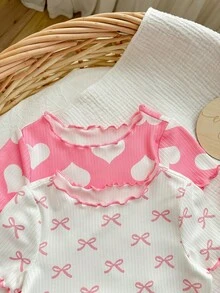 4pcs Baby Girl Heart & Star Pattern Ruffle Trim Knit Comfy Soft Pajama Set, Crew Neck Short Sleeve & Pants,Kids - Multicolor - View 5