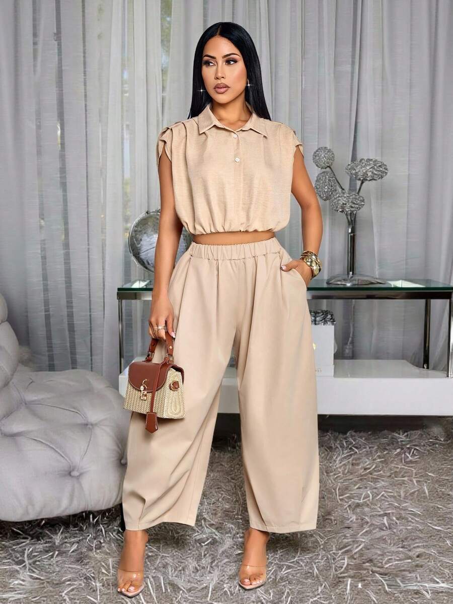 SOLERSUN 女士纯色休闲日常度假通勤街头风褶裥七分裤，带斜插口袋 - 卡其色 - 查看 1