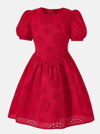 ChillGRL Elegant Red Petal Sleeve A-Line Dress For Older Kids, Spring/Summer, Embroidered Accent, Suitable For Family Gatherings, Celebrations And Everyday Wear