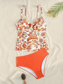Swim Lushoire Swim Lushore Swim Women's 2 Pieces Paisley PatternShoulder Strap Tankini With Metal Buckle + Solid High-Waisted Triangle Bottom Vacation Swimwear Set Spring Vacation - Orange - View 4