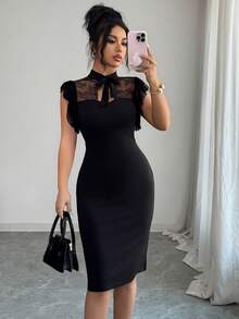 Rafferiza Women's Black Elegant Fitted Lace Patchwork Mid-Length Dress - Black - View 1