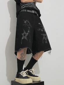 Manfinity EMRG 美国街头风水洗黑色水钻装饰牛仔短裤 - 黑色 - 查看 4