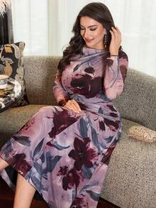 Modelyn Vestido de moda de manga larga con hombros descubiertos, estampado floral de malla, suave y cómodo, efecto degradado, panelado, cintura fruncida para mujer de talla grande - Multicolor - Ver 6