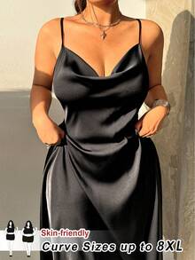 SHEIN CURVE+ Đầm slip sang trọng, màu trơn, cổ xếp ly, dành cho nữ cỡ lớn, thích hợp cho mùa Thu/Đông, Giáng sinh, Năm mới, Lễ Tạ ơn, Tiệc tùng, Đám cưới, Đi biển, Lễ tốt nghiệp, Thanh lịch, Thường ngày, Đi chơi, Hẹn hò, Hẹn hò, Đi làm. - màu đen - Xem 2