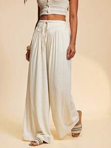 Travachic 女士休闲度假通勤纯色低腰斜插口袋系带宽松阔腿裤，波西米亚风，西部风，夏季穿搭，夏季服装，女士沙滩装，女士沙滩度假装，亚麻 - 杏色 - 查看 5