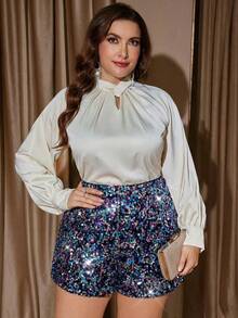 SHEIN Clasi Quần short đính sequin thanh lịch dành cho nữ cỡ lớn - Màu tím - Xem 3