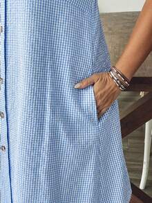 SHEIN VCAY Plus Size Women Plaid Single-Breasted Pocket Loose Strap Casual Dress - Baby Blue - View 5