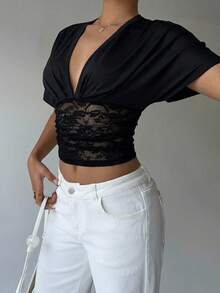 Aloruh Women's Sexy Deep V-Neck Loose Top With Tight Waist Ruched Lace Patchwork T-Shirt, Spring/Summer,Summer Top - Black - View 5