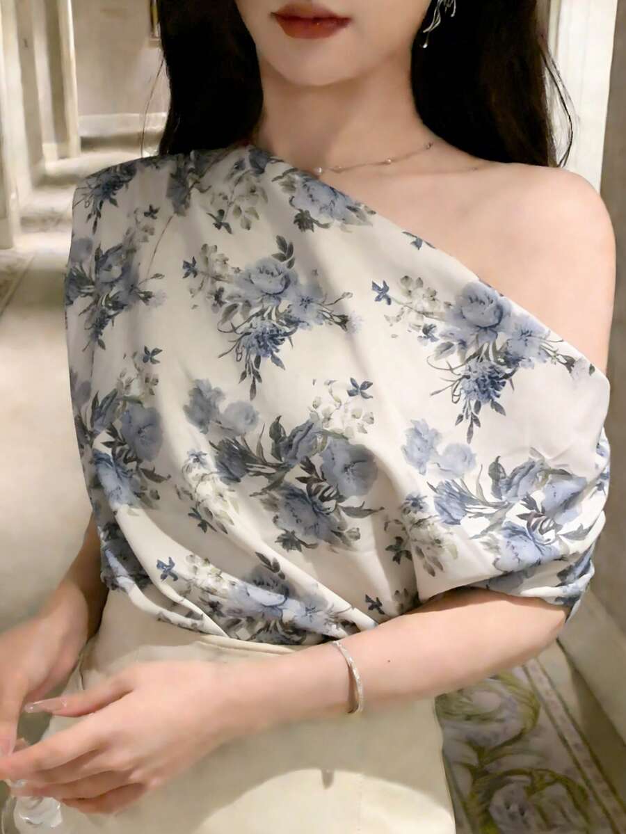 DAZY 女士碎花不对称肩部宽松上衣外出上衣 - 藍色 - 查看 1