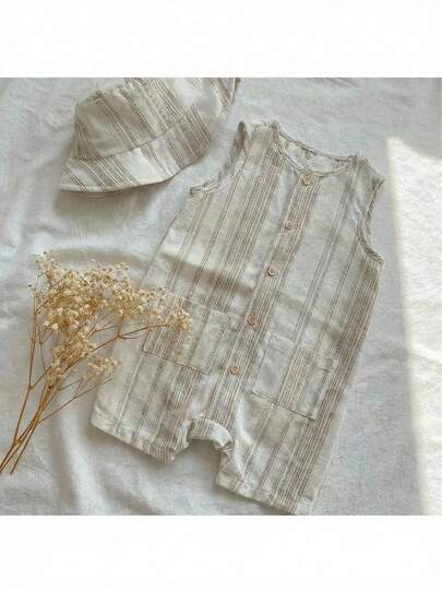 Loomiva 2pcs/Set Baby Boy/Girl Summer Apricot Colorful Striped Sleeveless Romper Shorts & Matching Bucket Hat, Versatile For Vacation & Travel