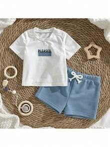 Loomiva Neugeborenes Baby Jungen/Mädchen Blume Muster Weicher Strick Rundhals Kurzarm Top und Elastischer Taille Shorts 2-teiliges Set - Blau-Weiß - Übersicht 3