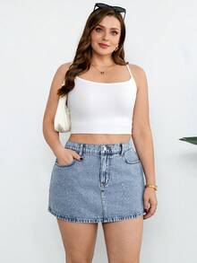 SHEIN CURVE+ 大码纯色蝴蝶结刺绣口袋休闲牛仔裙 - 淺色水洗藍 - 查看 3