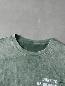 PAVTROS Men's Summer Slogan Print Distressed Crew Neck Short Sleeve Casual T-Shirt Green Graphic Tees Distressed Tshirt - Green - View 3