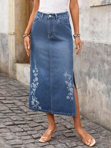 Brillora Women's Casual Washed Floral Print Side Slit Denim Mini Skirt,Summer,Boho,Vacation,Holiday,Blue And White Flower Summer Outfit Spring Easter Beach - Medium Wash - View 4