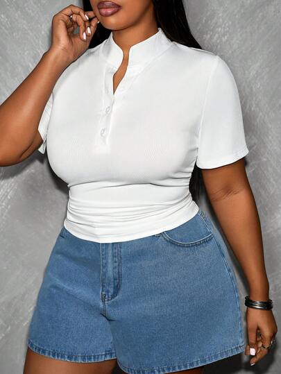 Slaydiva Áo thun nữ cỡ lớn, màu trơn, cài cúc nửa vạt, tay ngắn, kiểu dáng thường ngày.